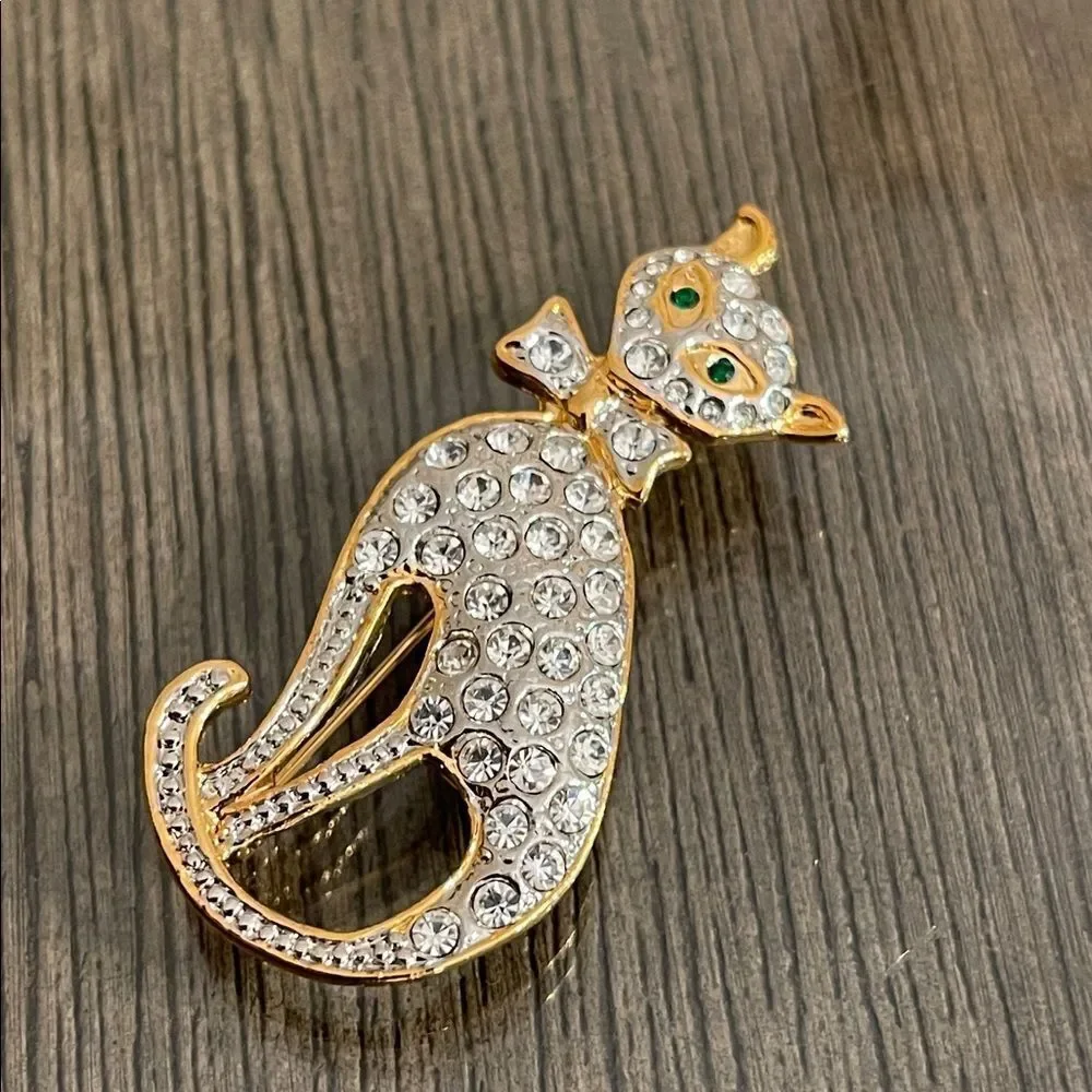 Vintage Style Gold-tone Rhinestone Sitting Cat Brooch - Pendant